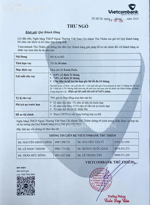 Ngan hang vietcombank ho tro vay von khi mua can ho eaton park
